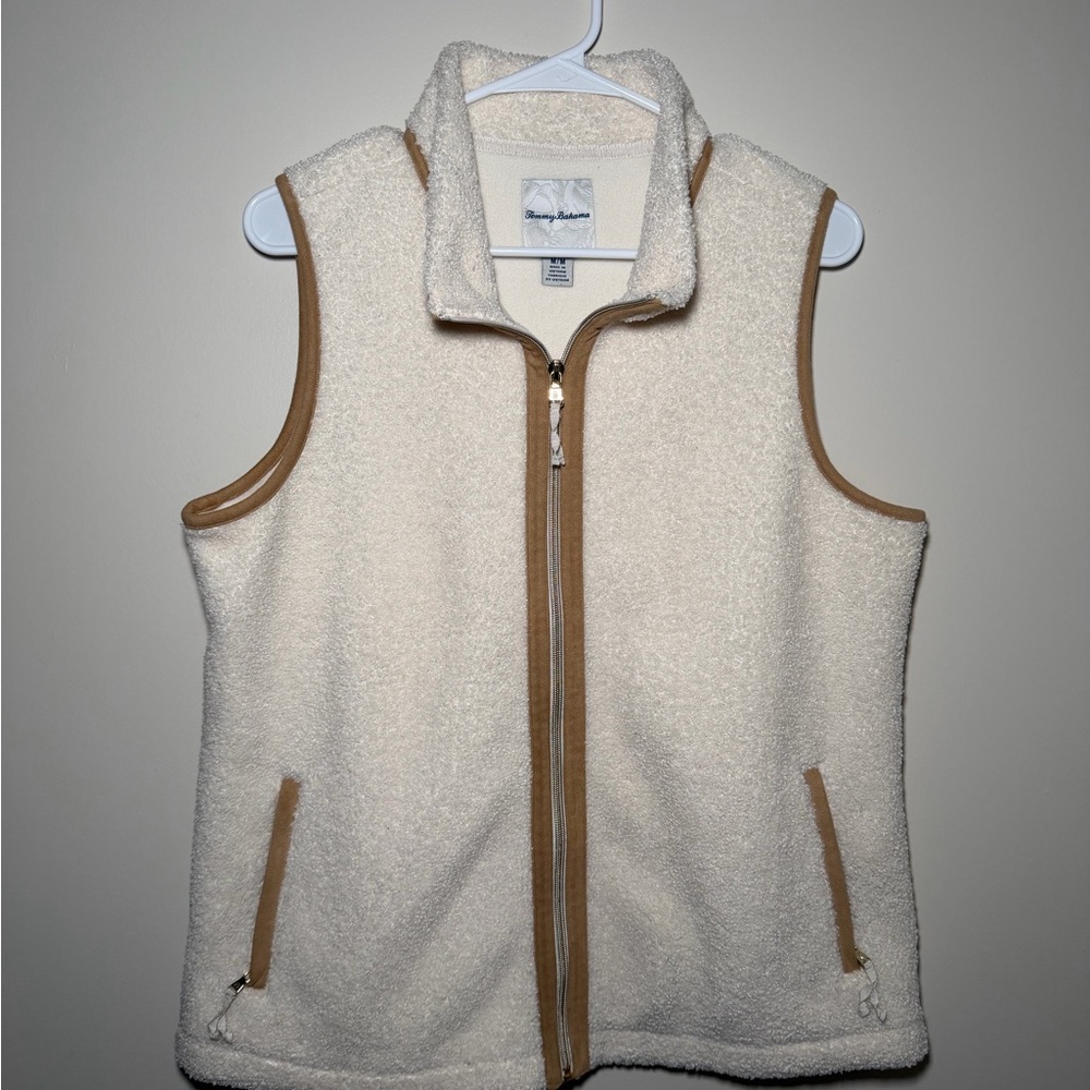 Tommy Bahama Cream Faux Sherpa Vest with Tan Suede Trim Accents, M